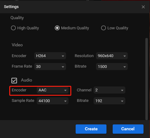 Audioencoder und andere Parameter ändern