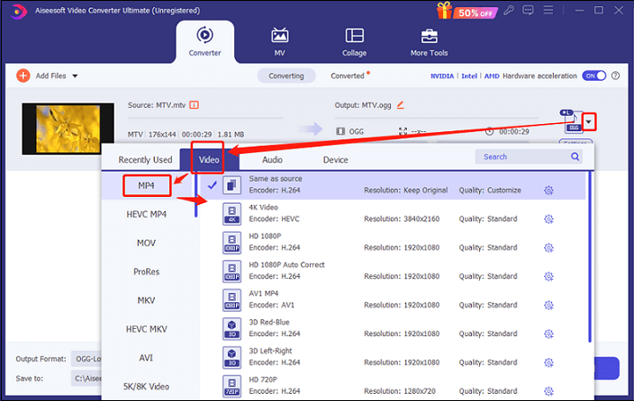 Choose MP4 as the output format for conversion in Aiseesoft Video Converter Ultimate