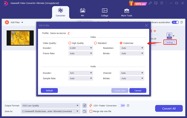 Adjust some parameters for format conversion in Aiseesoft Video Converter Ultimate