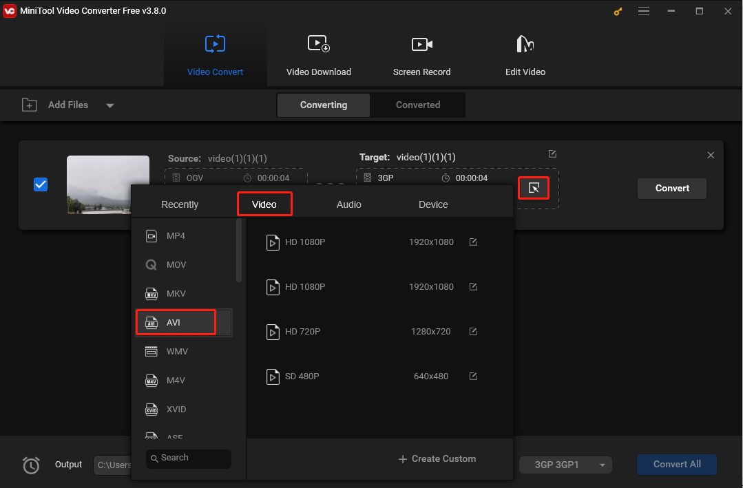 Choose AVI as the output format under the Video tab in the output format window