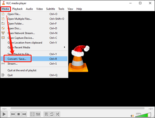 Click the Convert/Save… option to open the Open Media window in VLC Media Player for format conversion