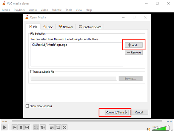 Click the + Add… button to import the OGA file in VLC Media Player for format conversion