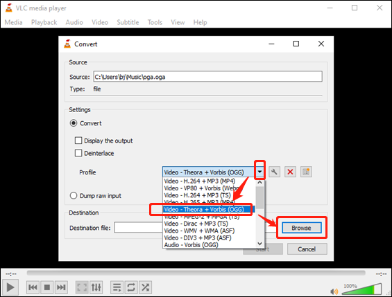 Select OGG as the output format in VLC Media Player for format conversion