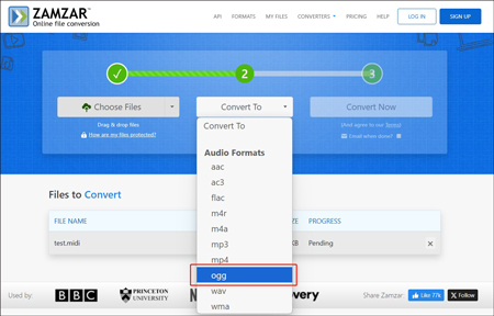 Choose the ogg option in Zamzar