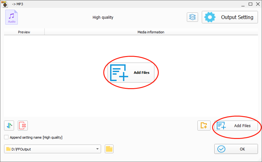 Click on the Add Files button in the MP3 converter of Format Factory to import your OGM files