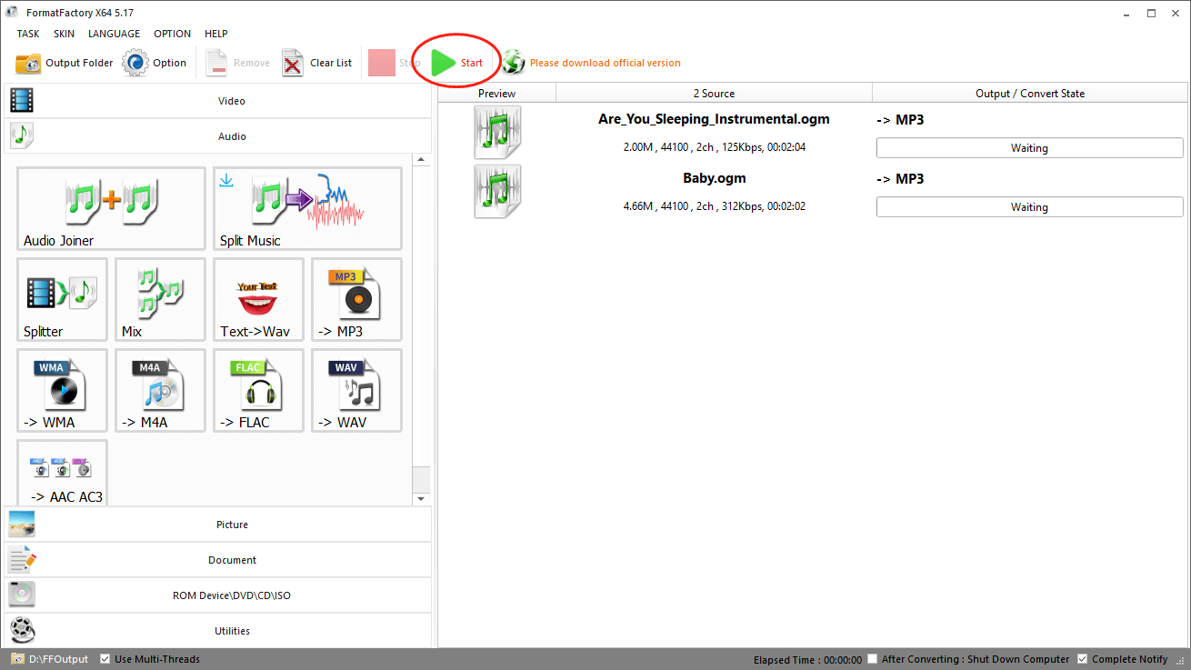 Click on the Start button in the conversion page of Format Factory to begin the conversion from OGM to MP3