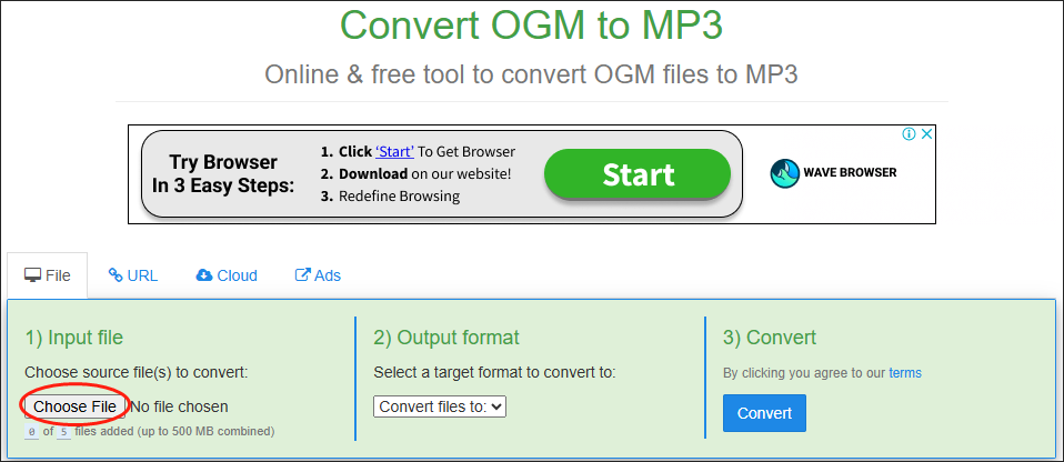 Click on Choose File in Free File Converter to upload your OGM files