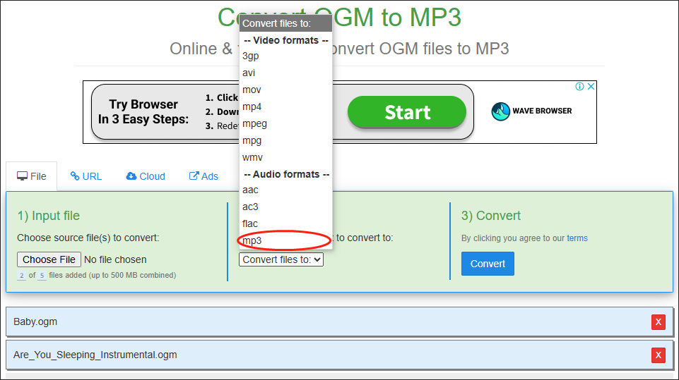 Expand the Convert files to option in Free File Converter and click on mp3