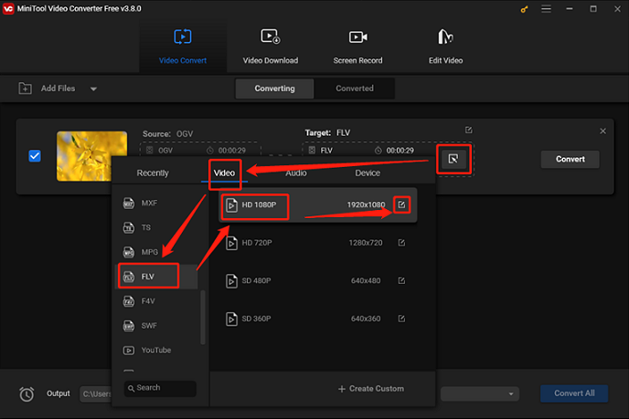 Select FLV as the output format for format conversion in MiniTool Video Converter