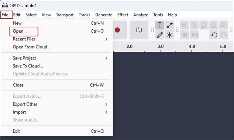 Click File and choose Open to import the target Opus file into Audacity