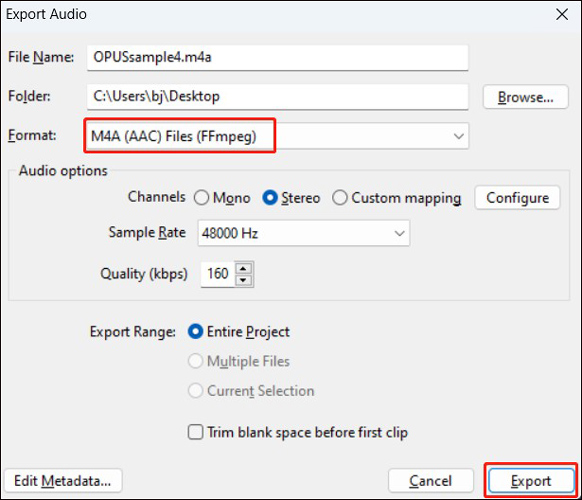 Choose the M4A (AAC) Files (FFmpeg) option and customize other output settings in Audacity