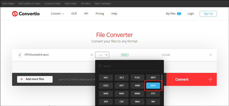 Convert Opus to M4A in Convertio