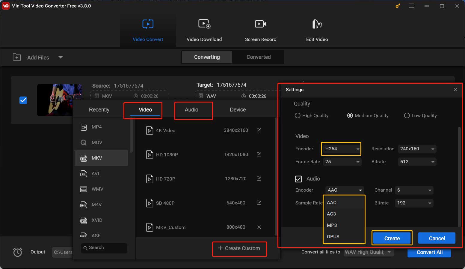 Go to the Video or Audio tab and click on + Create Custom to change the codec of audio and video in MiniTool Video Converter