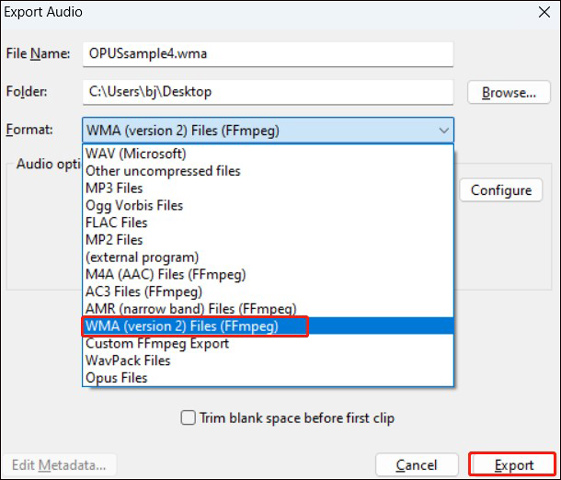 Choose the WMA (version 2) Files (FFmpeg) as the target output format in Audacity