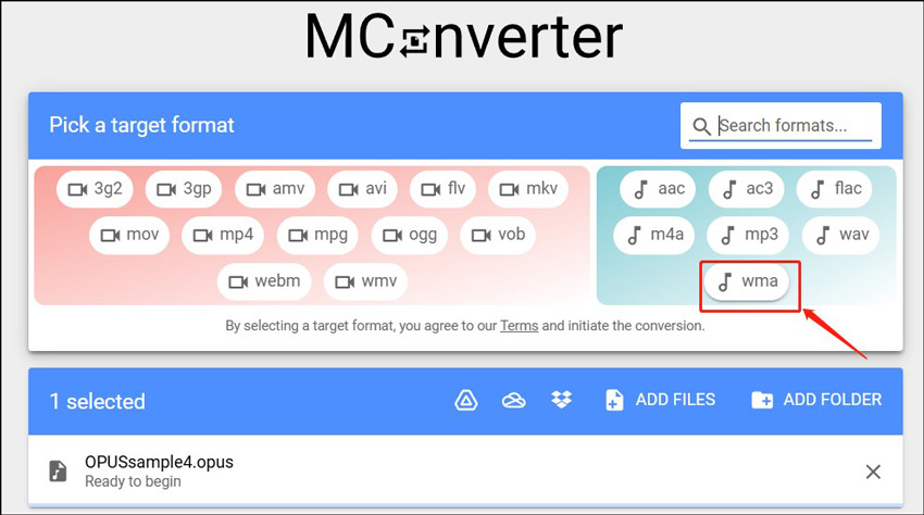 Choose wma as the output format in MConverter