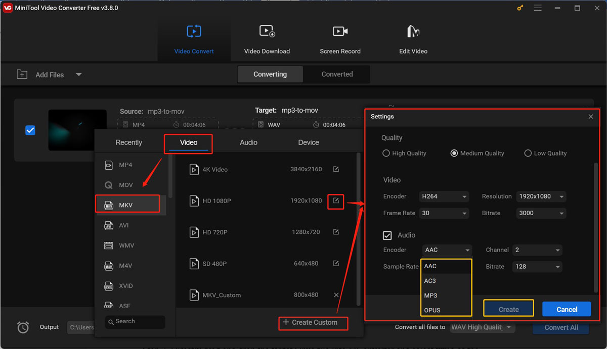 Click on Create Custom to open the Settings window of MiniTool Video Converter and open the Encoder list under the Audio section to choose a needed audio encoder