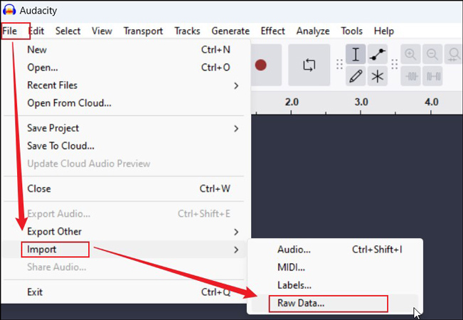 Click File to go to Import and choose Raw Data to import the target PCM file into Audacity