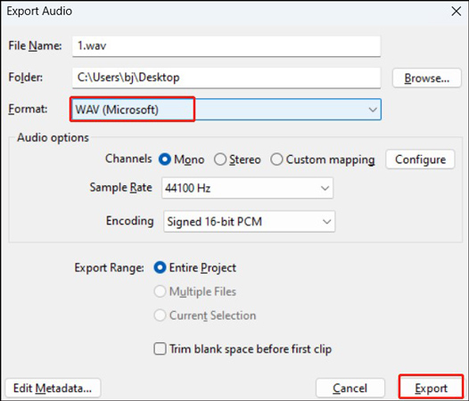 Choose WAV as the output format and click Export in Audacity