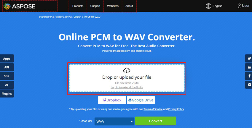 Click the Drop or upload your file area to import your PCM file into Aspose