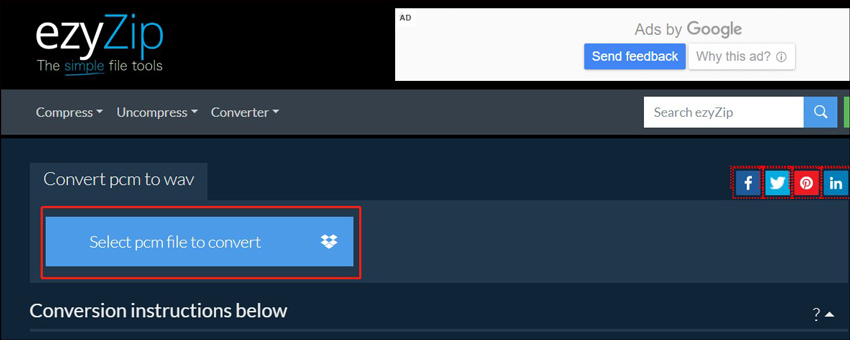 Hit the Select pcm file to convert button in ezyZip to upload your PCM file