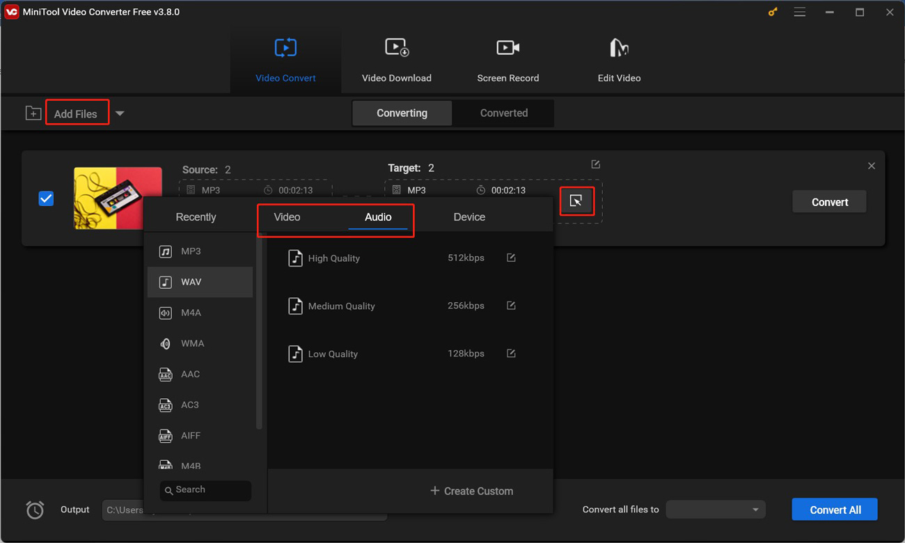 Hit Add Files in MiniTool Video Converter to upload the target file and click the pen icon to access the output format window to choose the target output format