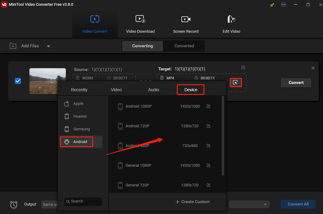 Choose the Device tab and choose Android as the output format in the left panel