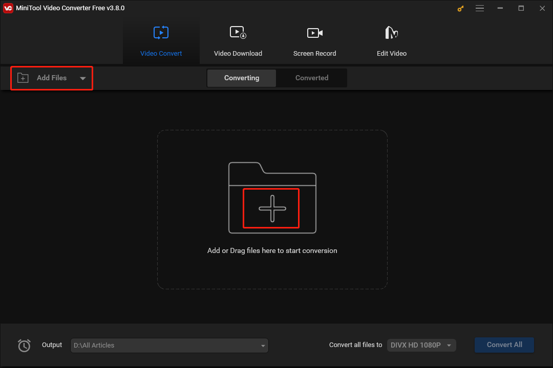 Click on the plus icon or the Add Files button in MiniTool Video Converter to import your MKV files