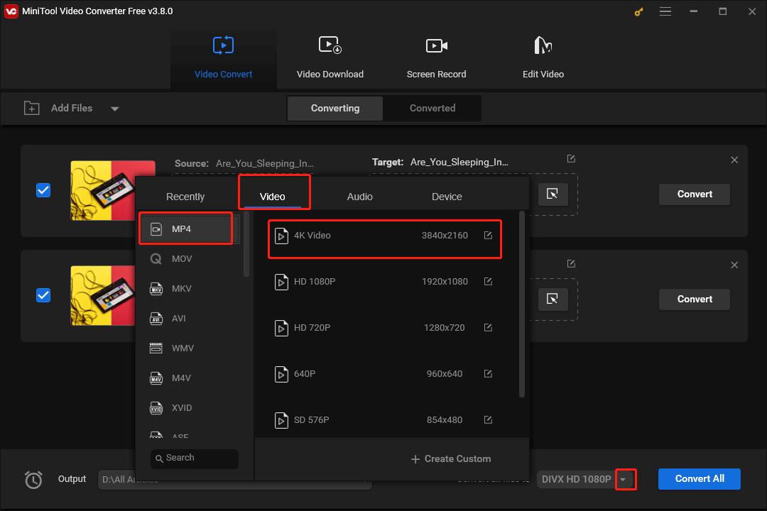 Click on the drop-down arrow at the bottom right of MiniTool Video Converter to access the output format window and set MP4 4K Video as the output format