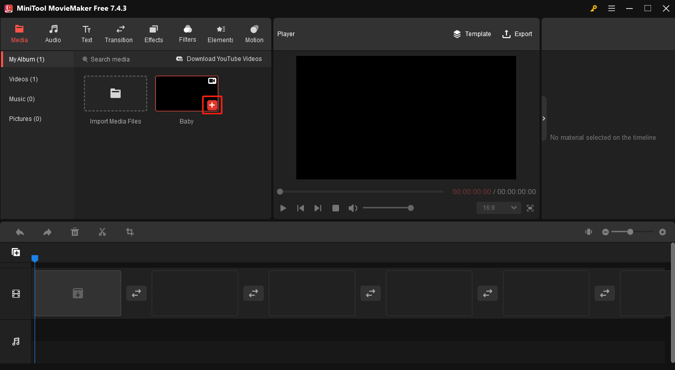 Click on the plus icon in MiniTool MovieMaker to put your MKV file on the video track