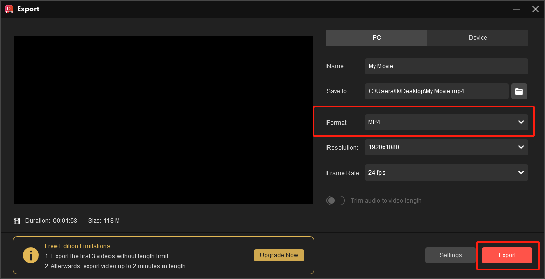 Click on the Export button in  the Export window of MiniTool MovieMaker to begin the conversion from MKV to MP4