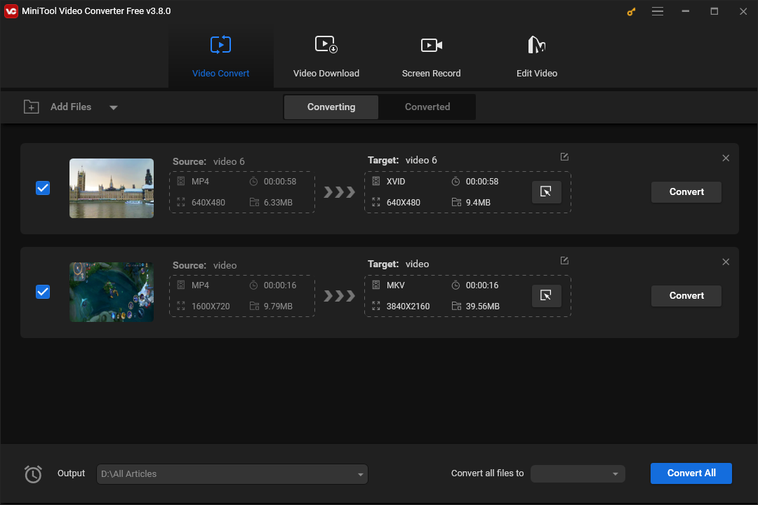 The MP4 to other formats conversion interface of MiniTool Video Converter