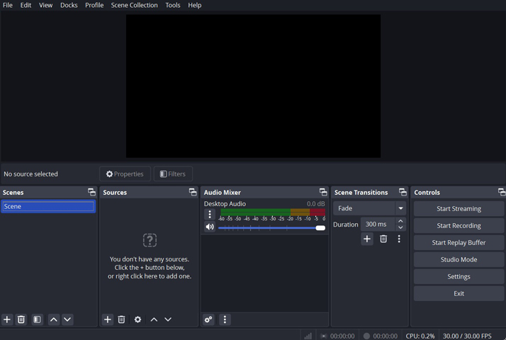 The main interface of OBS Studio