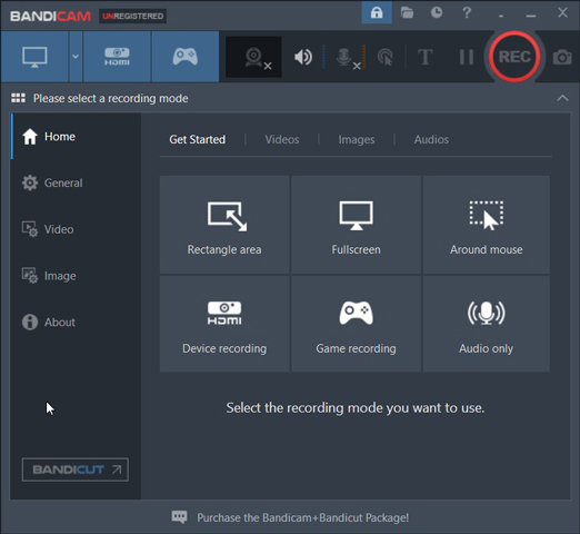 The main interface of Bandicam