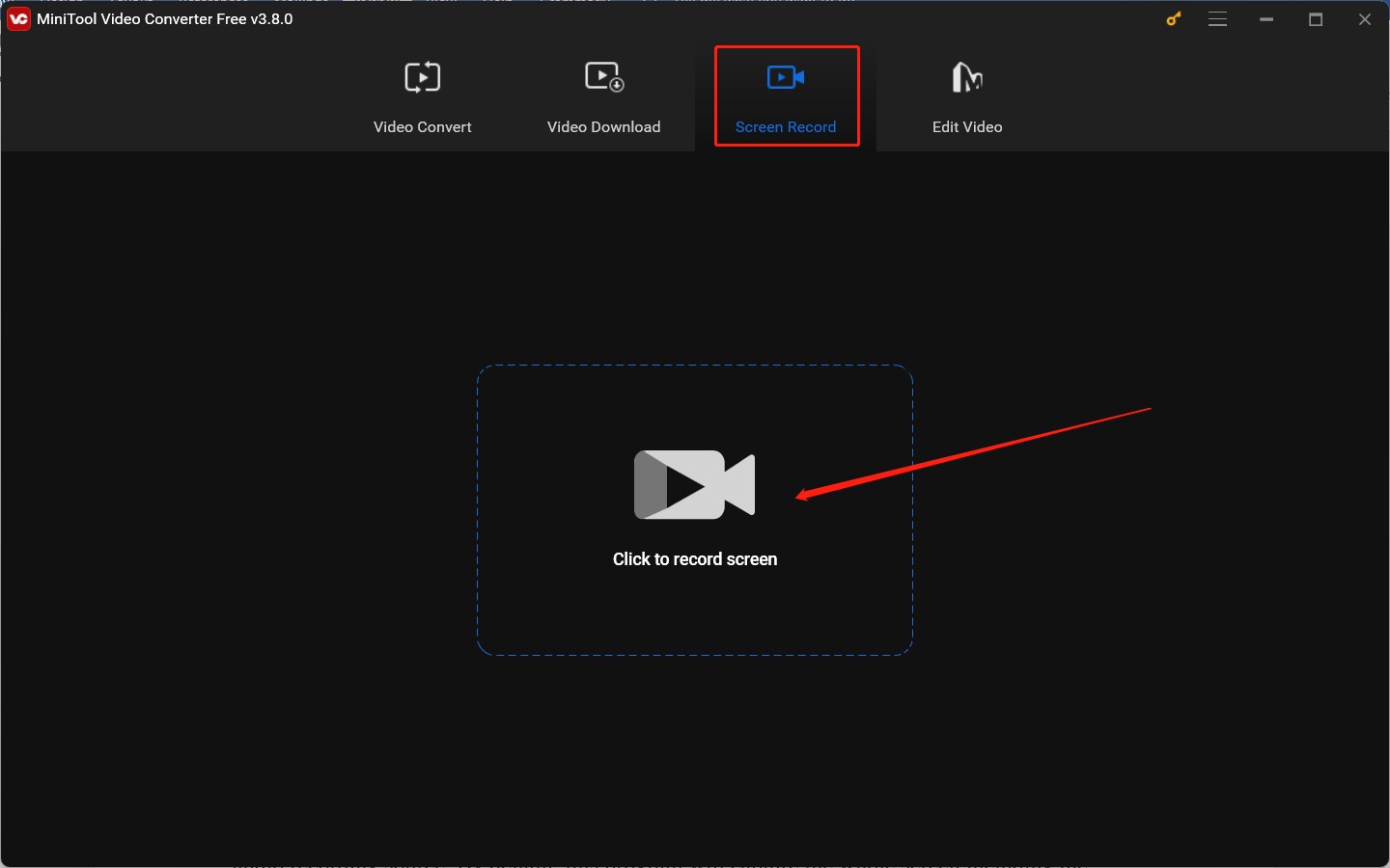 Hit the Click to record screen area under the Screen Record module of MiniTool Video Converter to enable MiniTool Screen Recorder