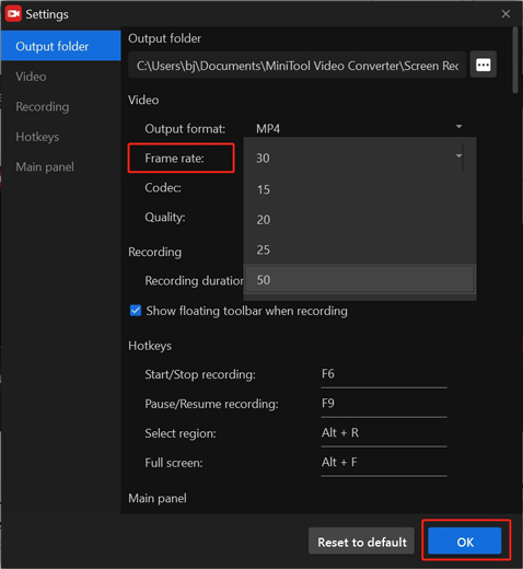 Personalize more recording settings on the Settings window of MiniTool Screen Recorder and click OK to save the changes