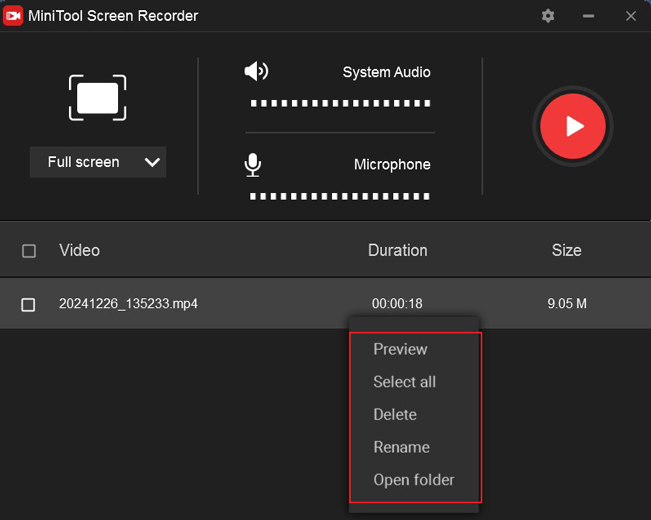 Right-click on the recorded video in MiniTool Screen Recorder to preview, delete, rename, or locate it