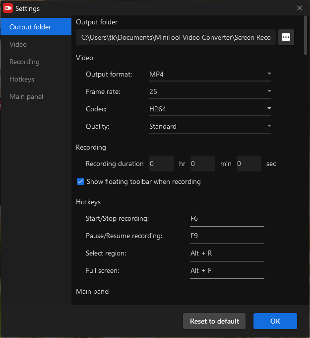 The setup interface of MiniTool Screen Recorder