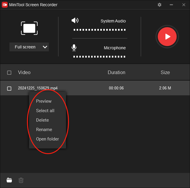 Right-click on your recording file below MiniTool Screen Recorder to check it