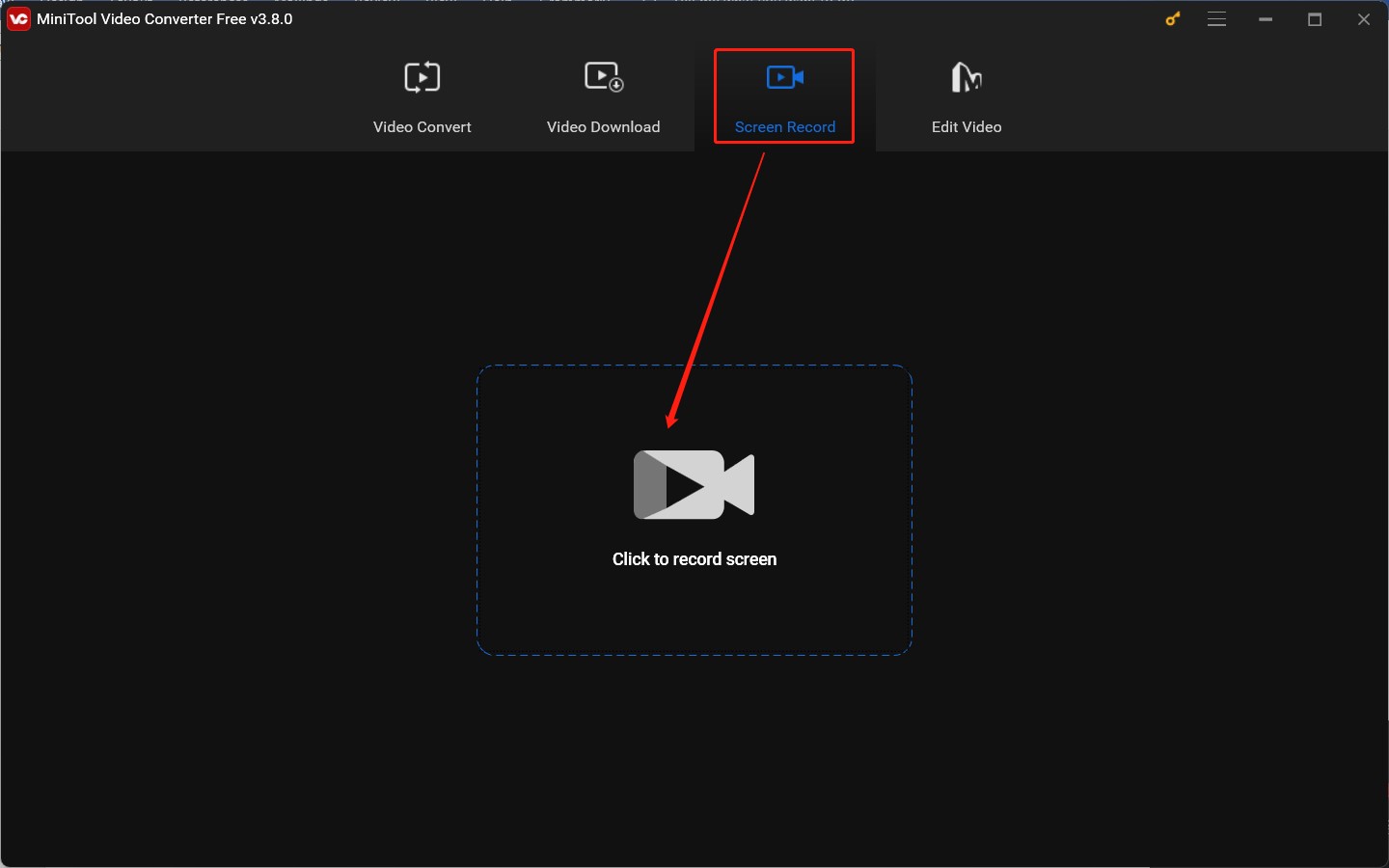 Hit the Click to record screen region under the Screen Record module of MiniTool Video Converter to access MiniTool Screen Recorder