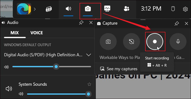 Click the Start recording icon under the Capture window to start recording in Xbox Game Bar