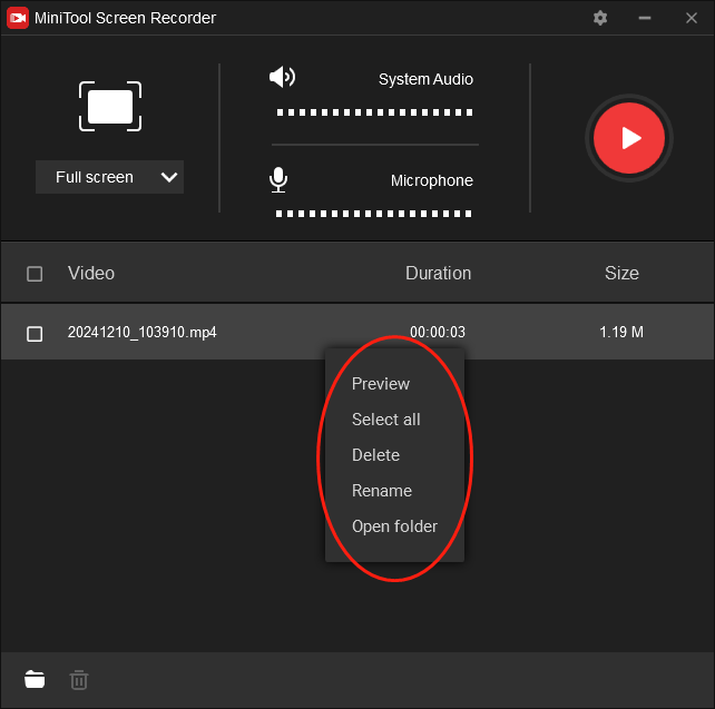 Right-click on your recording file in MiniTool Screen Recorder to check it