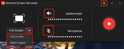 Control the recording area and audio in the MiniTool Screen Recorder window for screen recording on Panasonic Toughbook Laptops