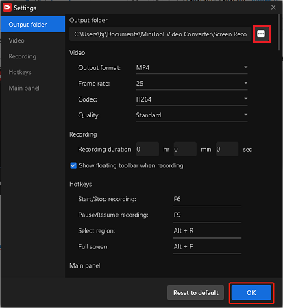 Change some parameters in MiniTool Screen Recorder for screen recording on Panasonic Toughbook Laptops