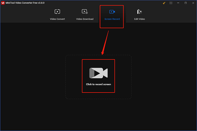 Click the Click to record screen area in MiniTool Video Converter for accessing the MiniTool Screen Recorder window