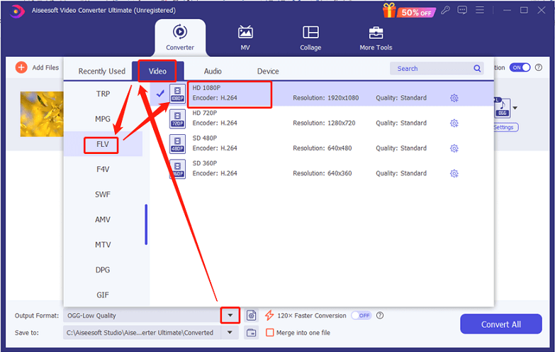 Select FLV as the output format for conversion in Aiseesoft Video Converter Ultimate