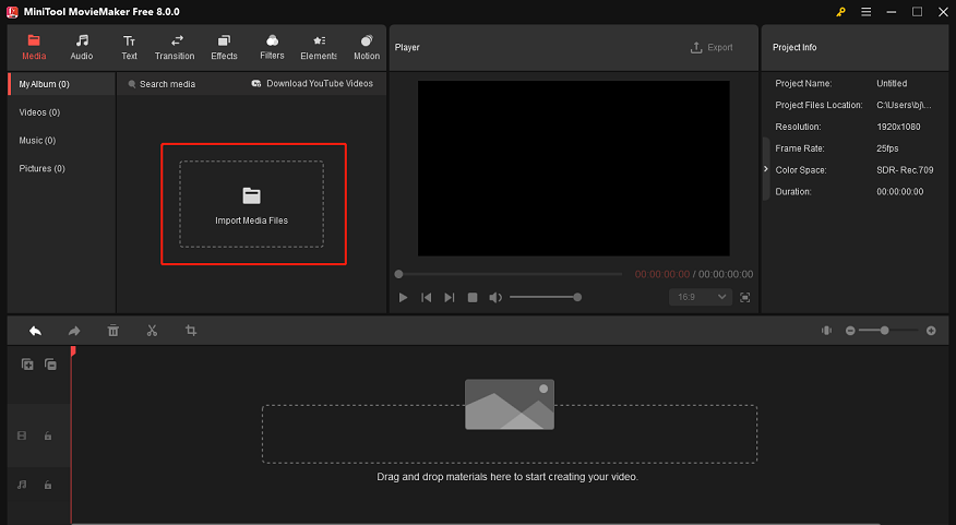 Click the Import Media Files region to import the RMVB file for format conversion in MiniTool MovieMaker