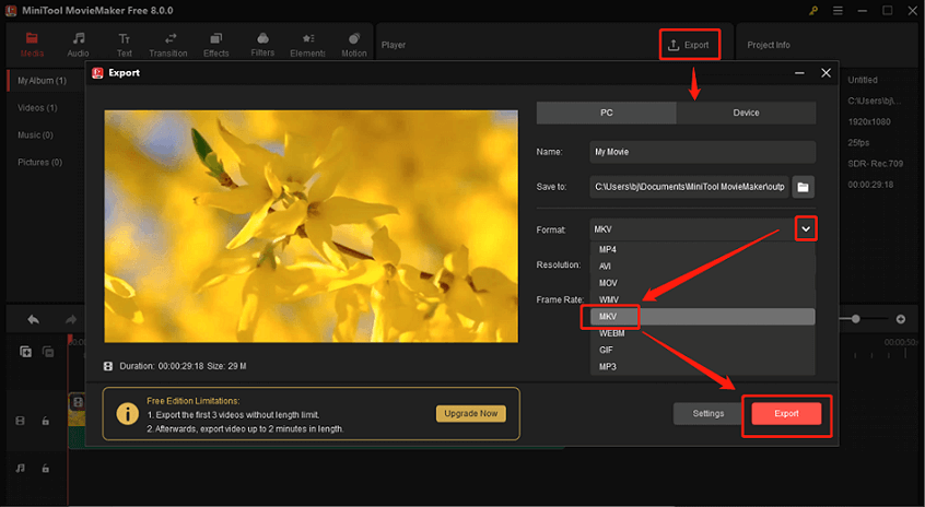 Choose MKV as the output format for conversion in MiniTool MovieMaker