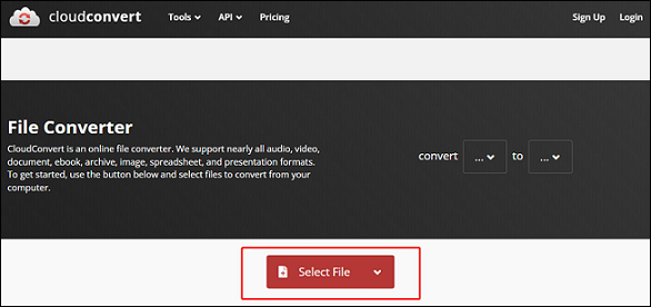 Click the Select File button to upload the RMVB file for format conversion in CloudConvert