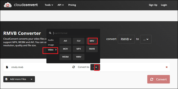 Select MKV as the output format for conversion in CloudConvert