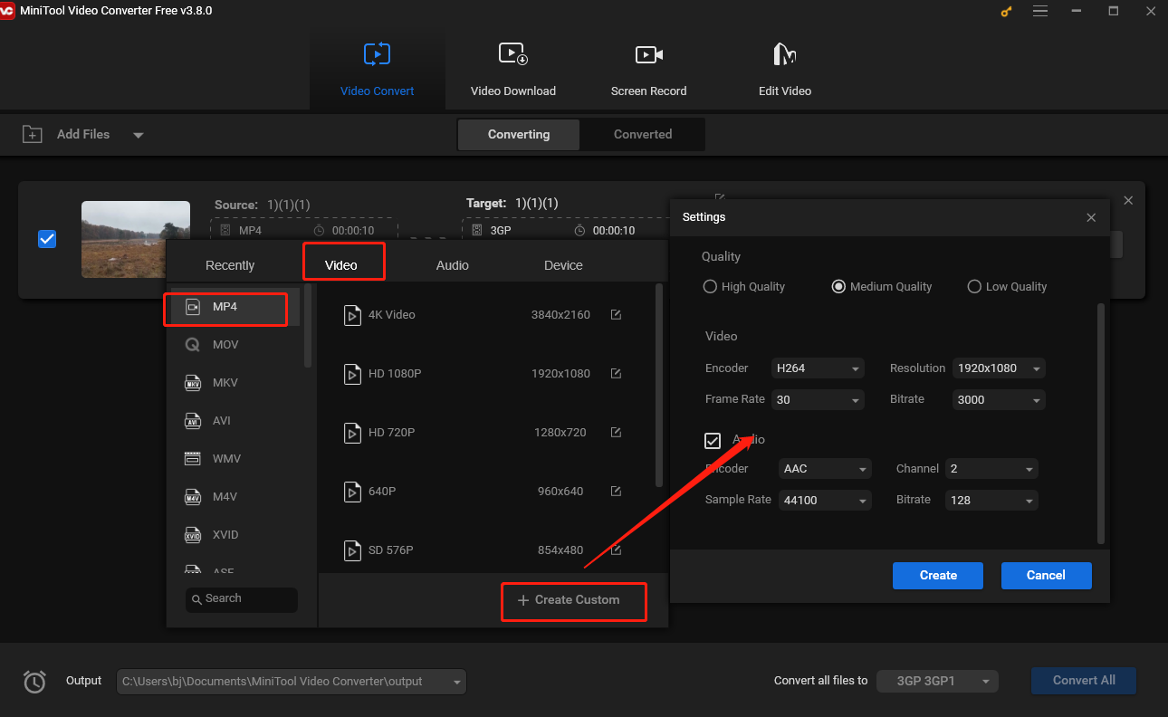 Select MP4 under the Video tab and click Create Custom to adjust the converted file's settings